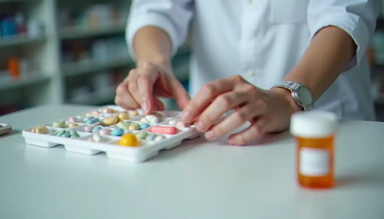 Mains d'un pharmacien préparant un pilulier hebdomadaire pour un patient sous traitement chronique, illustrant le suivi des maladies de longue durée