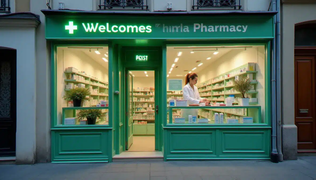 Devanture d'une pharmacie Saint Denis avec croix verte lumineuse et pharmacienne en blouse blanche visible à travers la vitrine