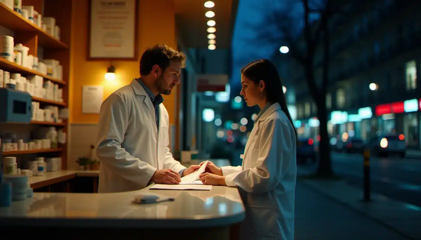 Pharmacien en blouse blanche derrière le comptoir d'une pharmacie de garde ouverte la nuit, éclairage intérieur chaud contrastant avec la rue sombre visible depuis la vitrine