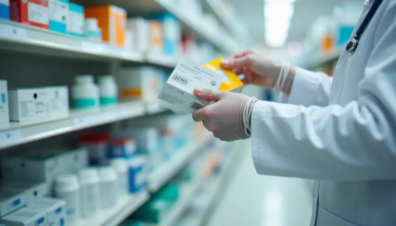 Mains d'un pharmacien organisant méthodiquement des boîtes de médicaments colorées sur les étagères blanches d'une officine, vue rapprochée sur les traitements les plus courants dispensés en pharmacie