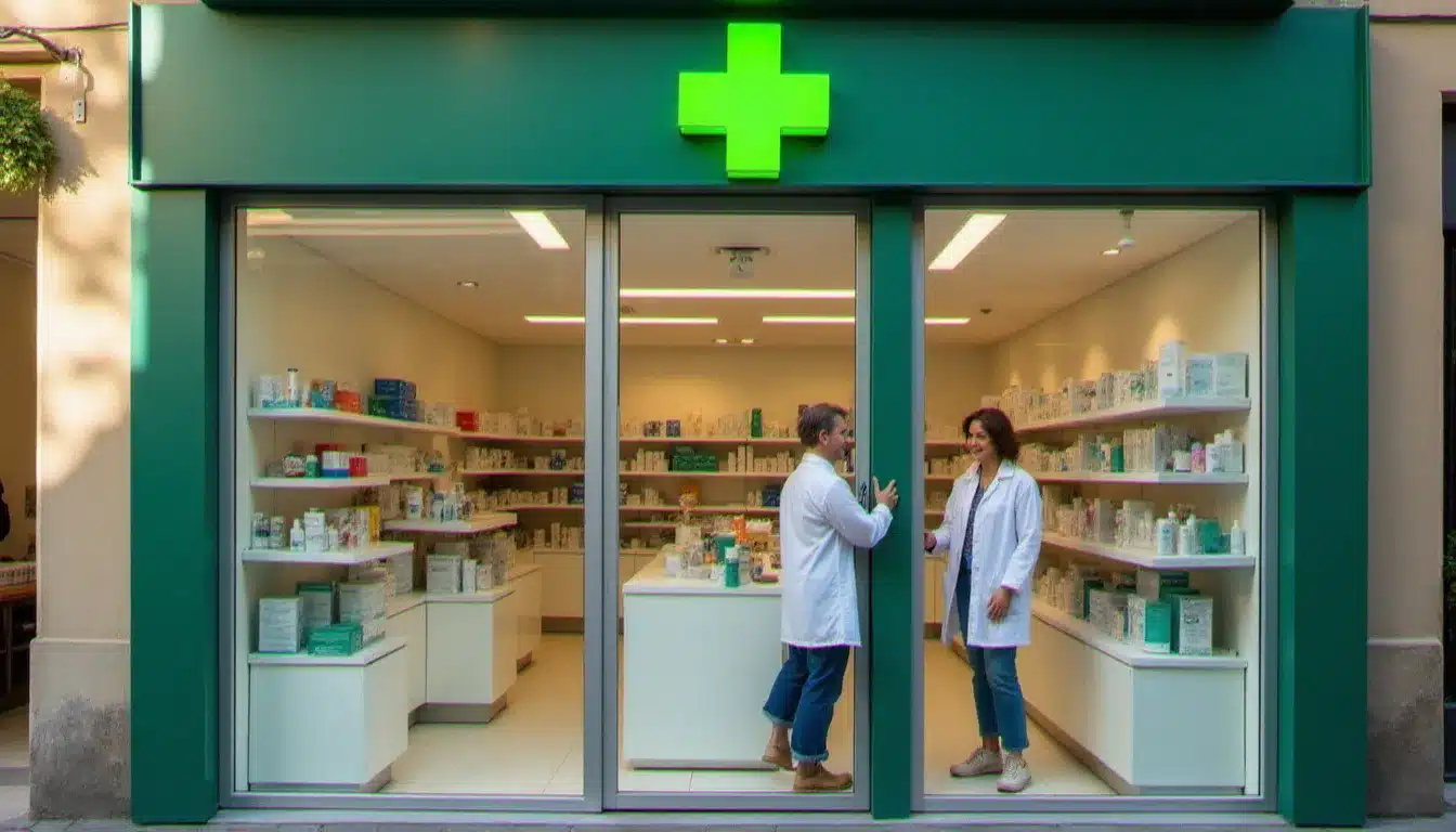 Devanture d'une pharmacie à Tours avec croix verte lumineuse et pharmacien en blouse blanche conseillant une cliente à l'intérieur par une journée ensoleillée