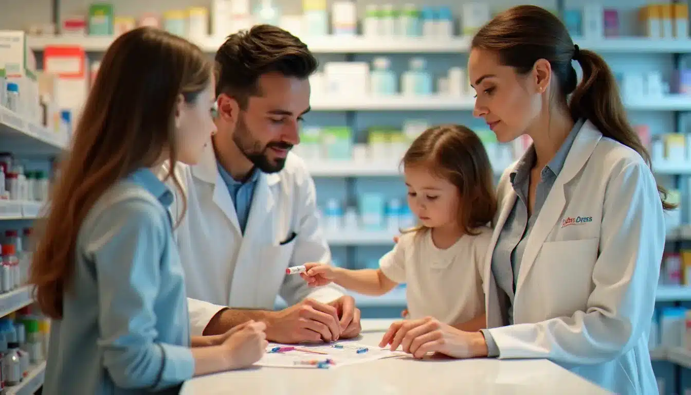 Pharmacienne en blouse blanche conseillant une famille avec jeune enfant au comptoir, illustrant les services de conseil pharmaceutique disponibles en pharmacie Val d'Europe
