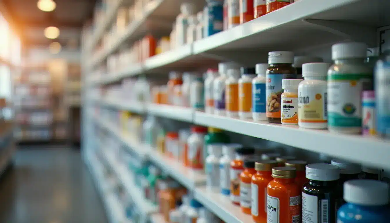 Rayons de compléments alimentaires et produits de parapharmacie soigneusement organisés dans une pharmacie, représentant la diversité de l'offre disponible en pharmacie Val d'Europe