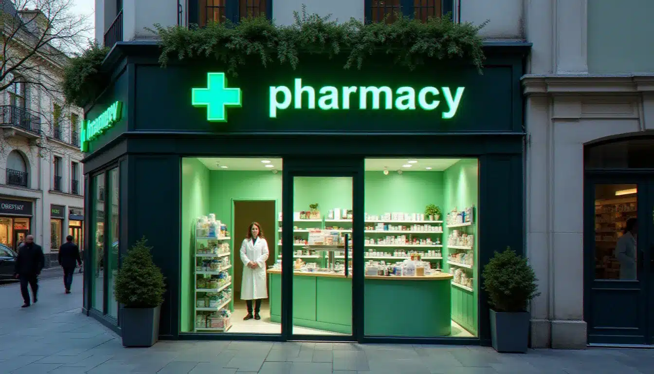 Devanture moderne d'une pharmacie Val d'Europe avec croix verte illuminée et pharmacienne en blouse blanche visible derrière le comptoir