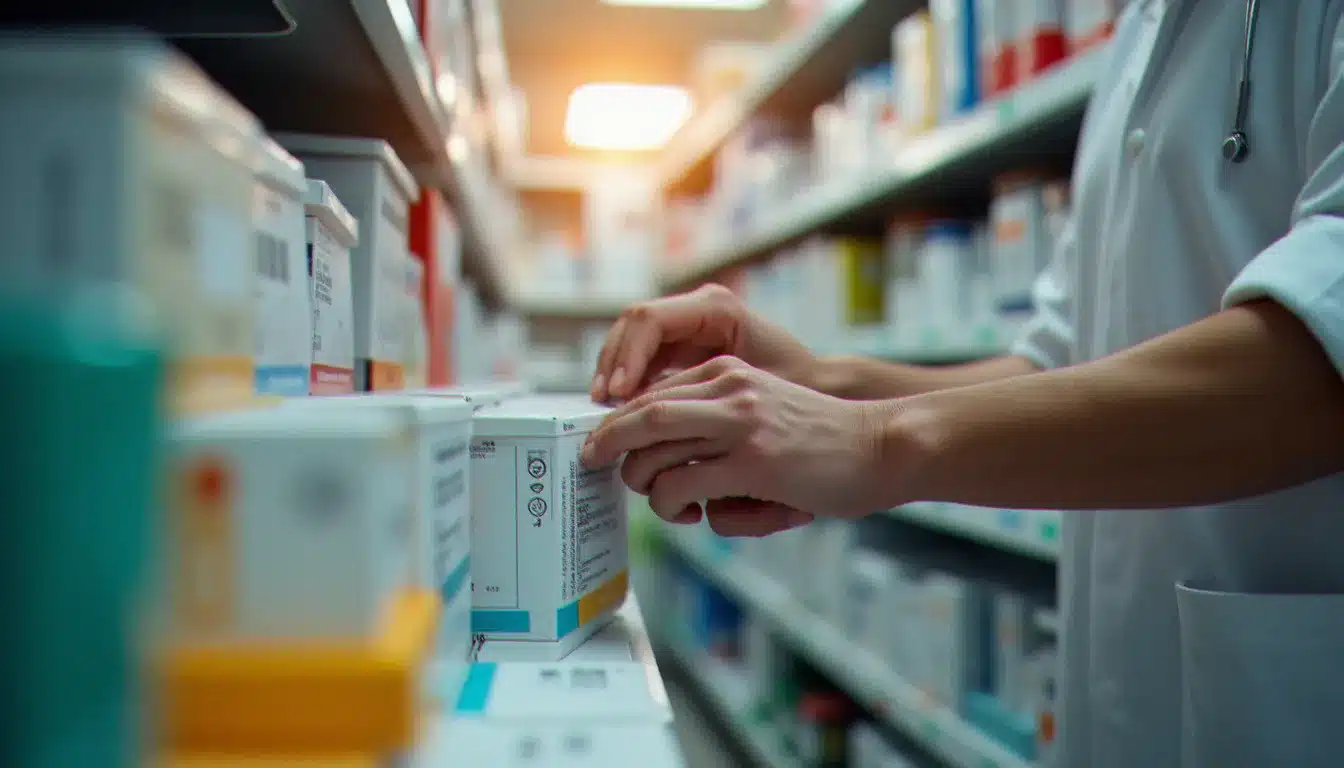Mains d'un pharmacien organisant des boîtes de médicaments sur ordonnance dans une officine, illustrant les services disponibles en pharmacie