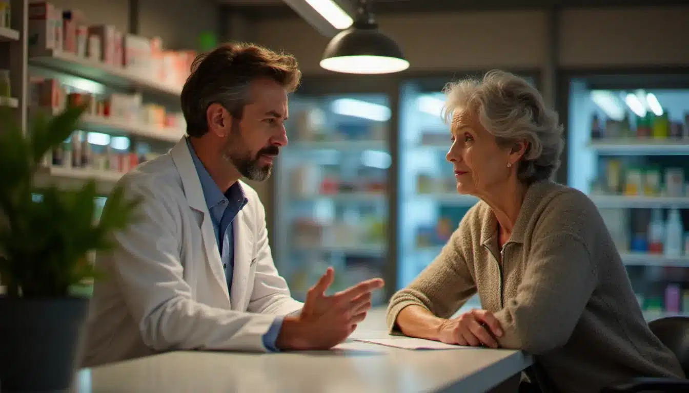 Une patiente âgée en consultation avec un pharmacien de proximité qui lui explique ses médicaments, illustrant le rôle de prévention santé du pharmacien à Villeurbanne