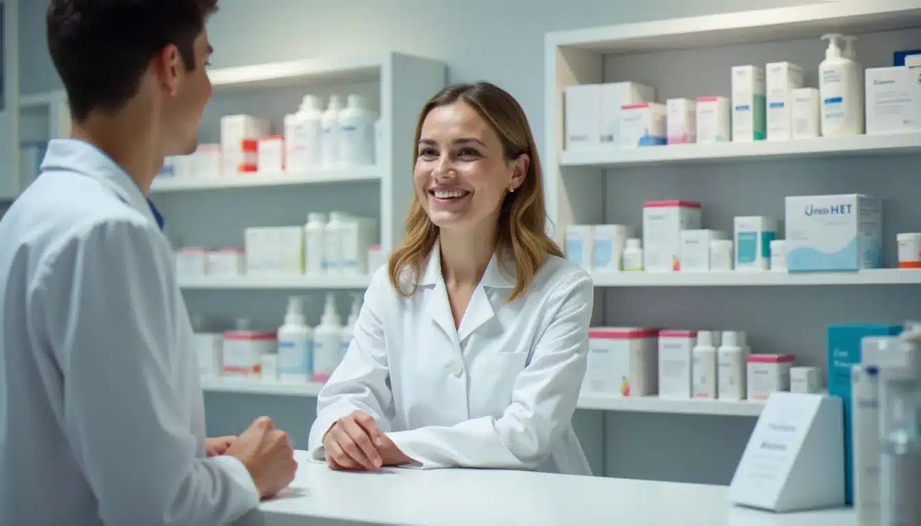 Intérieur lumineux d'une pharmacie à Villeurbanne avec une pharmacienne en blouse blanche conseillant un client au comptoir