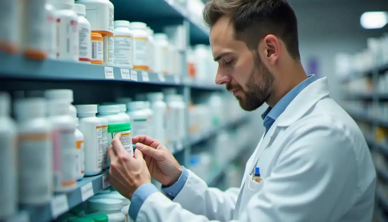Un préparateur en pharmacie vérifiant les étiquettes de médicaments dans l'espace de préparation d'une officine