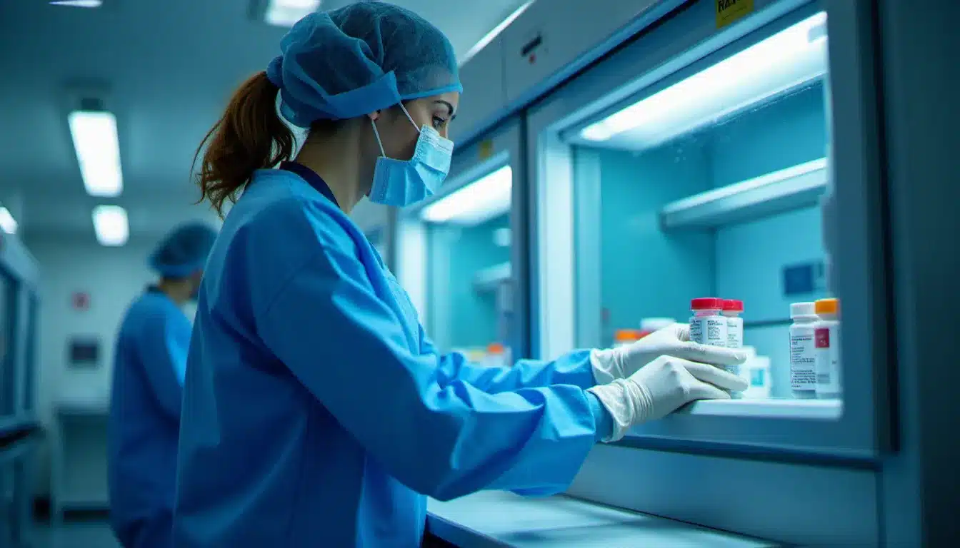 Un préparateur en pharmacie hospitalière préparant des médicaments sous hotte stérile dans une unité de pharmacie à usage intérieur