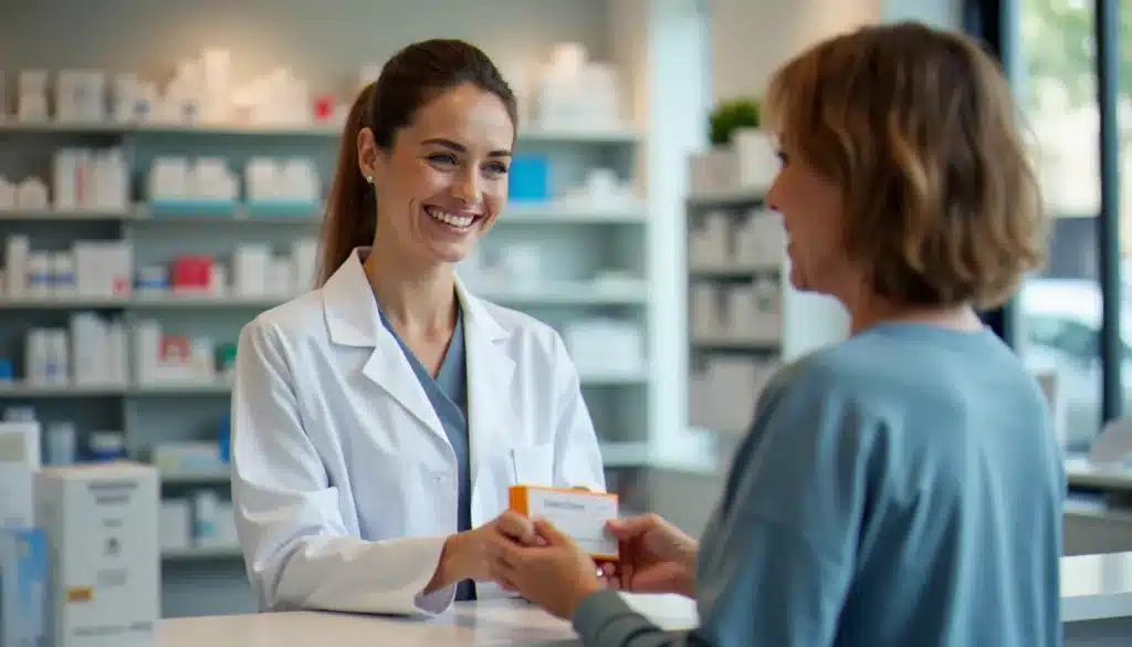Une préparatrice en pharmacie en blouse blanche remettant une boîte de médicament à une patiente au comptoir d'une officine française moderne