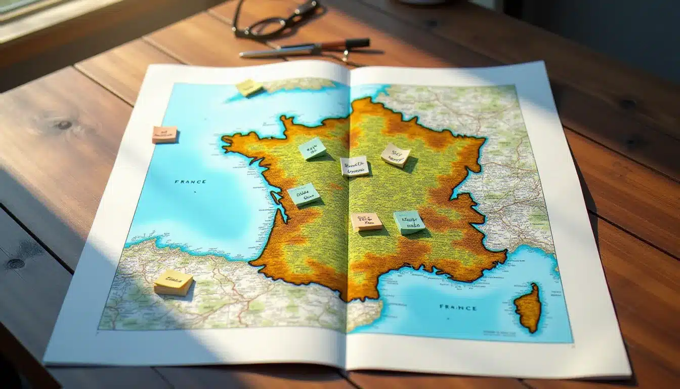 Carte de France dépliée sur une table en bois avec des étiquettes de prix par région illustrant la variation du prix achat maison selon les territoires