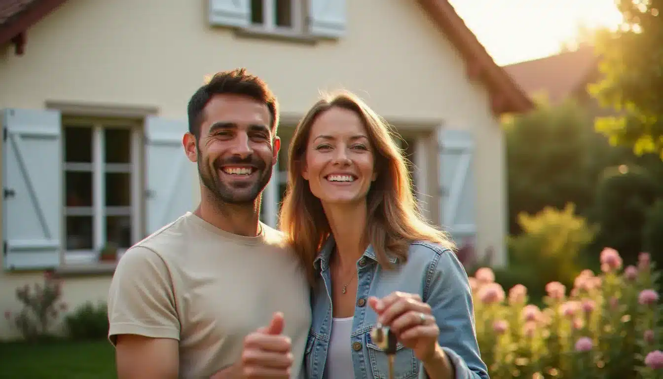 Un couple souriant tenant des clés devant leur maison individuelle avec jardin fleuri, illustrant le projet de prix achat maison en France
