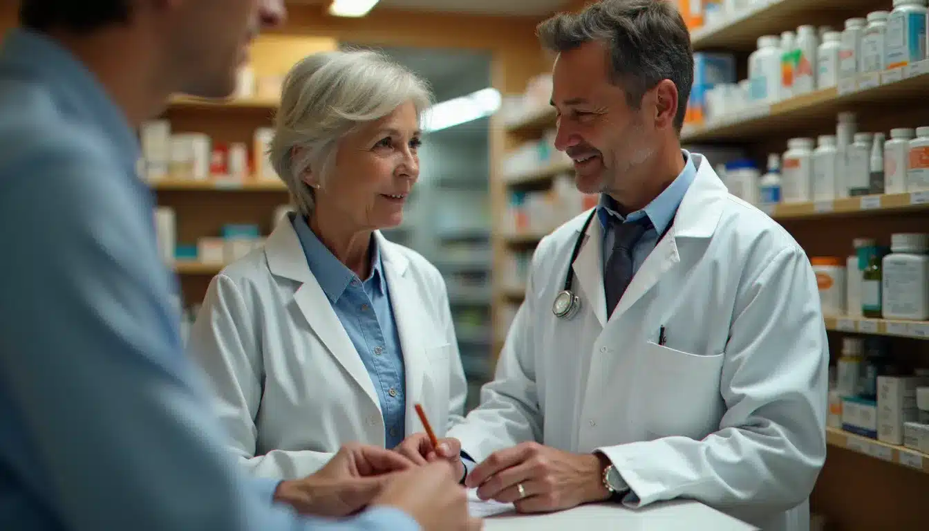 Un pharmacien conseille un entrepreneur sur les remboursements de médicaments et les garanties de sa complémentaire santé au comptoir d'une pharmacie