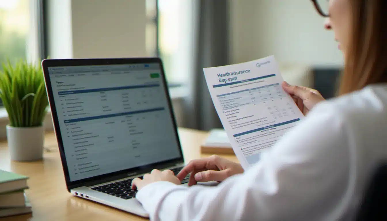 Un entrepreneur indépendant compare les prix santé entrepreneurs 2025 sur son ordinateur portable, entouré de documents d'assurance maladie complémentaire