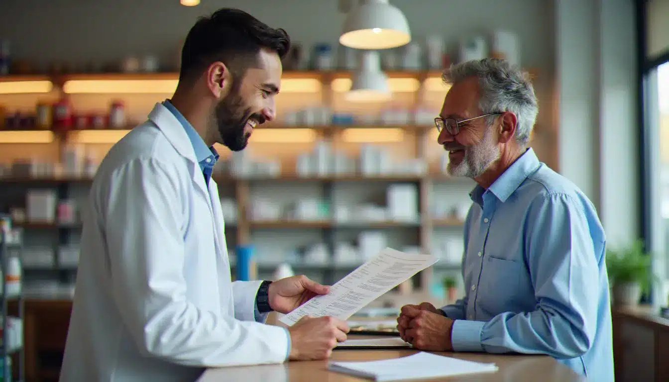 Pharmacien remettant une documentation sur la mutuelle santé à un client travailleur indépendant au comptoir d'une pharmacie