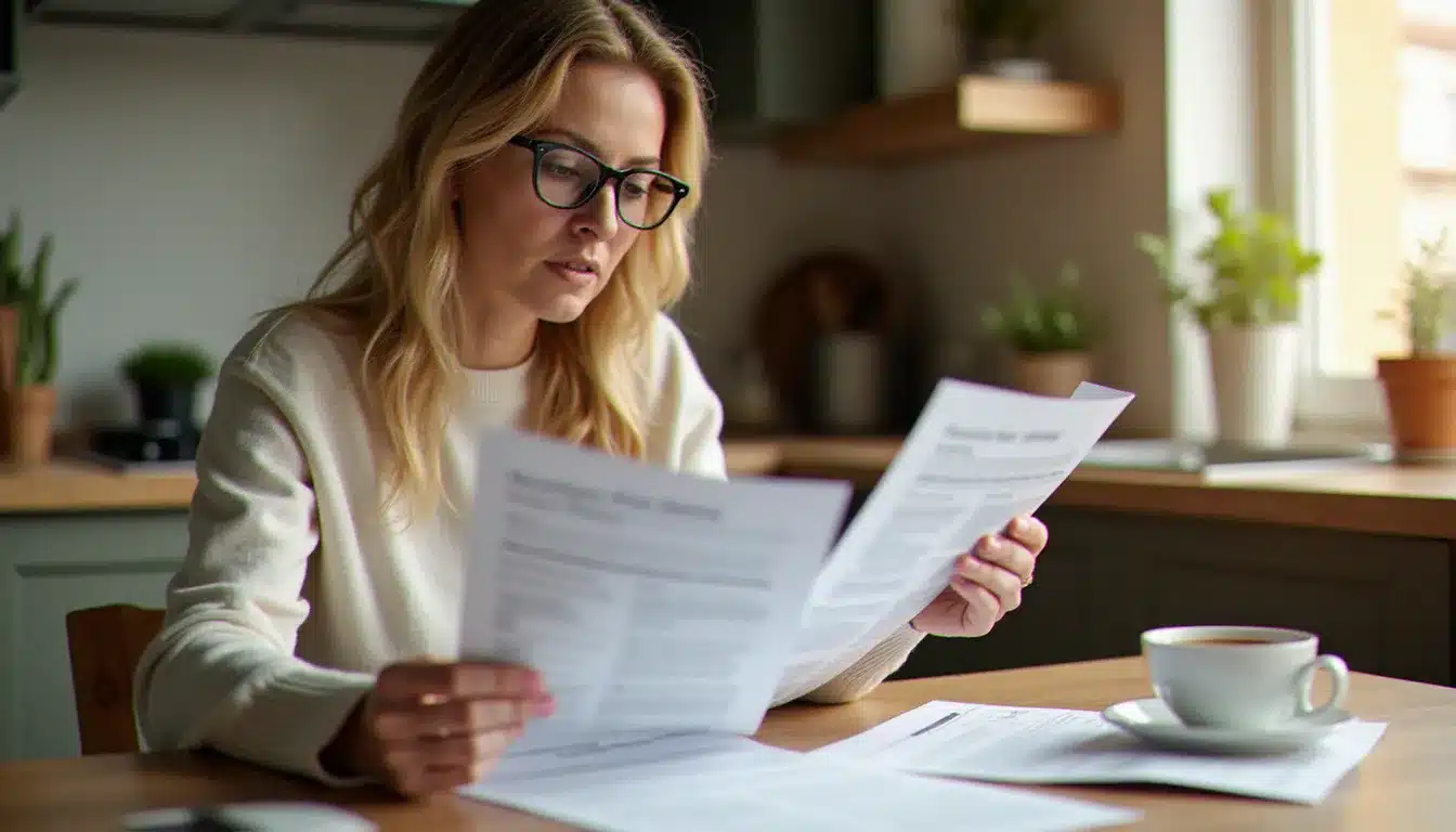 Femme entrepreneur comparant les tarifs et niveaux de garanties de deux mutuelles santé sur sa table de travail le matin