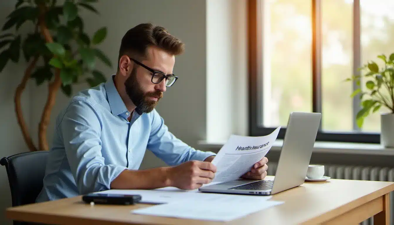 Entrepreneur indépendant consultant des documents sur le prix santé entrepreneurs à son bureau à domicile en lumière naturelle