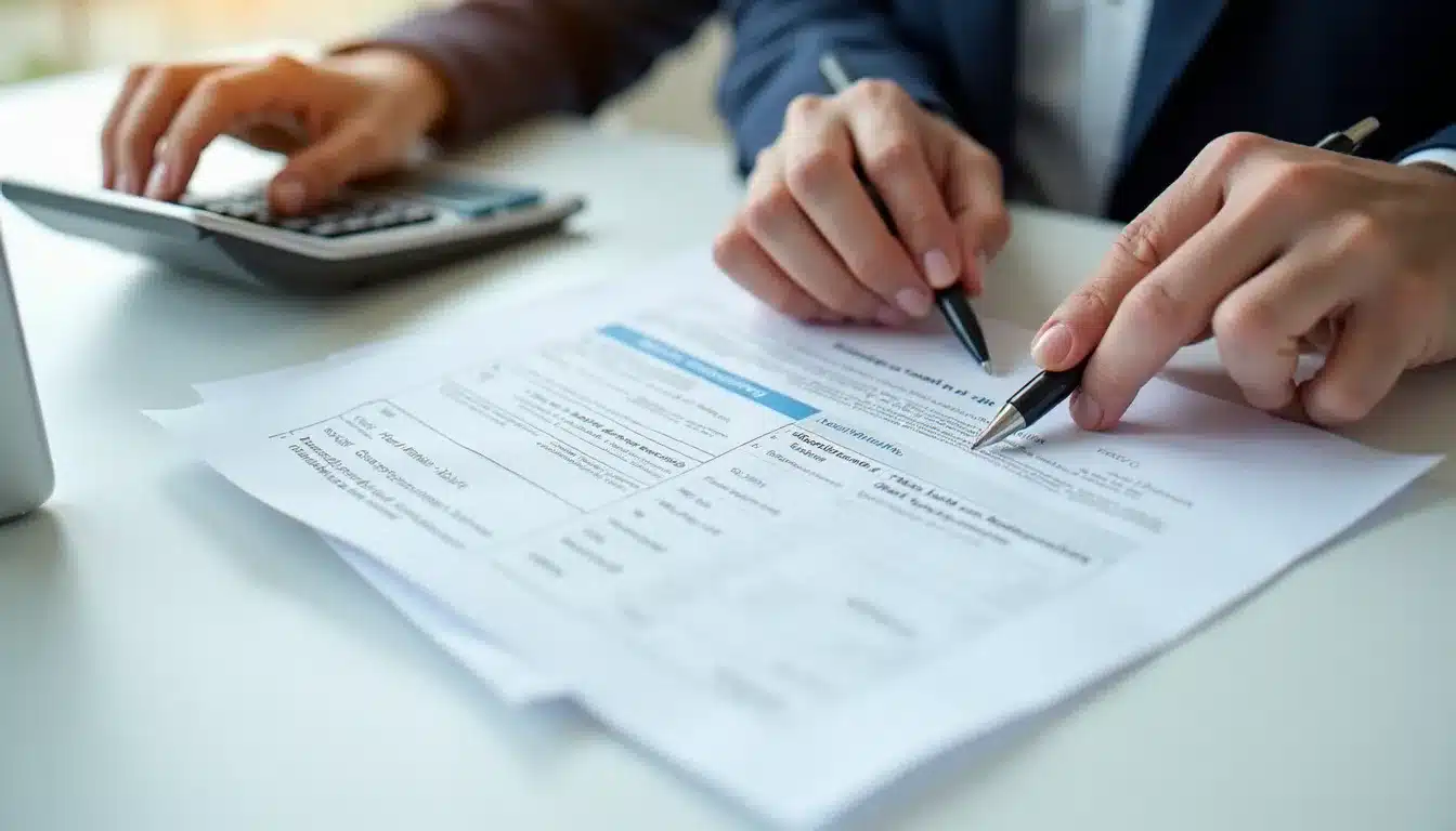 Documents de comparaison de formules de mutuelle santé entrepreneur avec calculatrice, illustrant le choix d'une couverture Harmonie Mutuelle adaptée