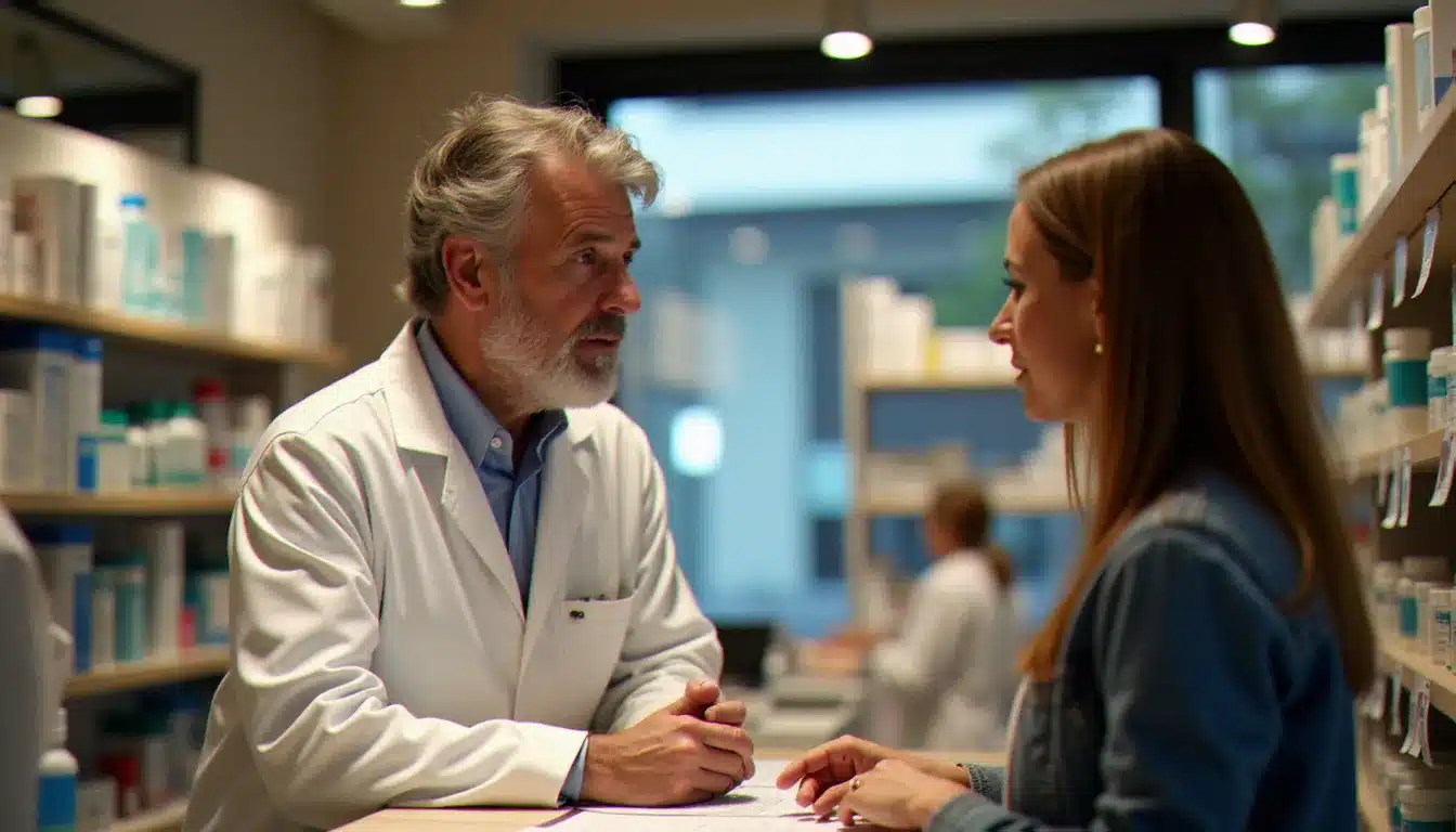 Pharmacien conseillant une cliente sur les remboursements de médicaments dans une pharmacie française, illustration du rôle du réseau de soins dans la mutuelle santé entrepreneur