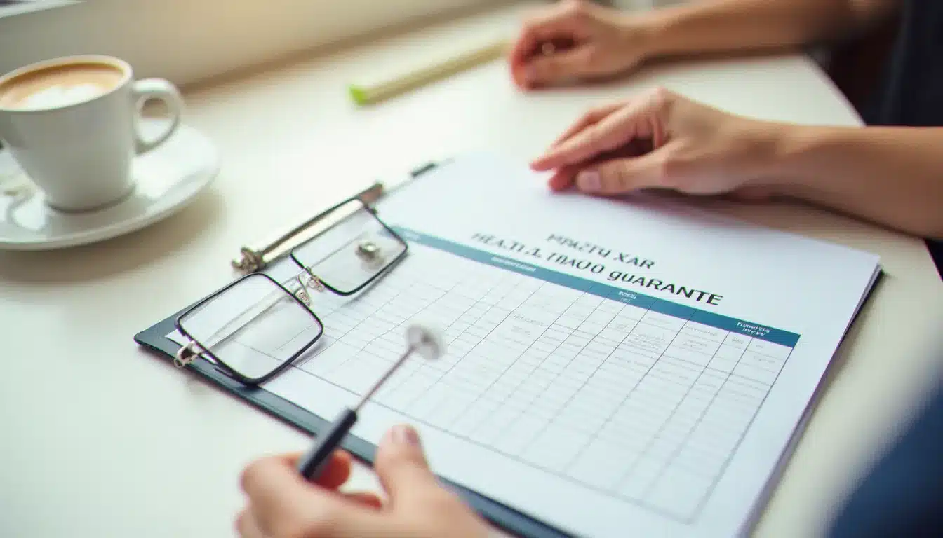 Tableau de garanties de mutuelle santé entrepreneur posé sur un bureau, illustrant la comparaison des niveaux de remboursement Harmonie Mutuelle