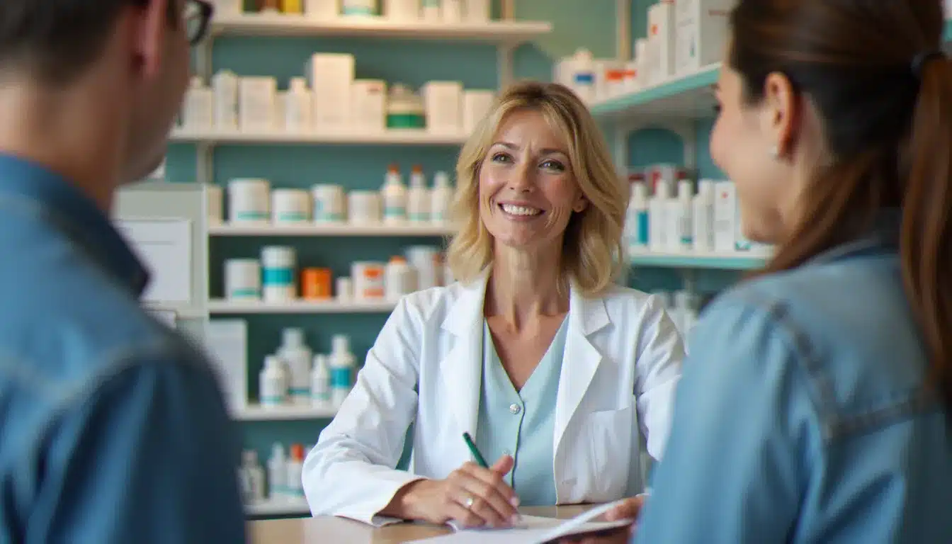 Une pharmacienne en blouse blanche conseille un client entrepreneur sur les remboursements de sa mutuelle santé dans une officine française
