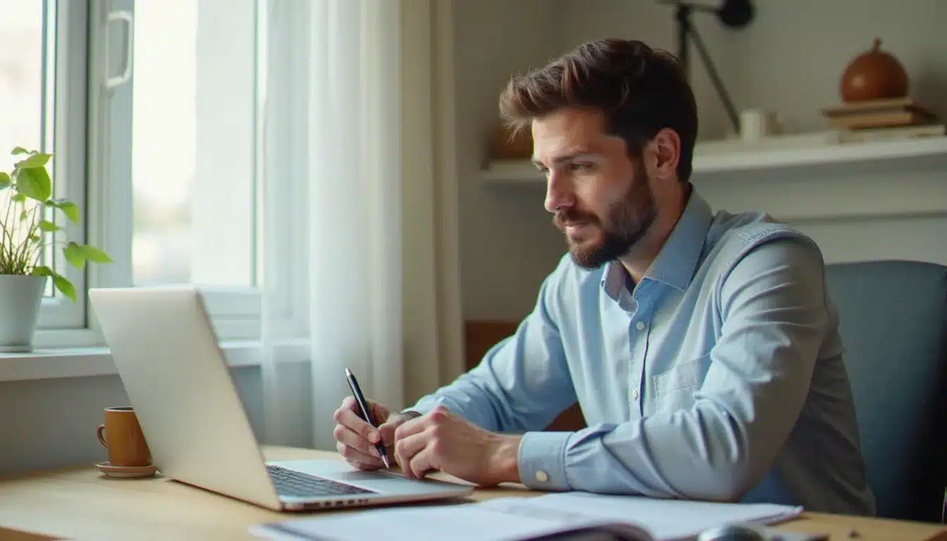 Un entrepreneur indépendant consulte les prix santé et les offres de mutuelle Harmonie Mutuelle sur son ordinateur portable dans son bureau à domicile
