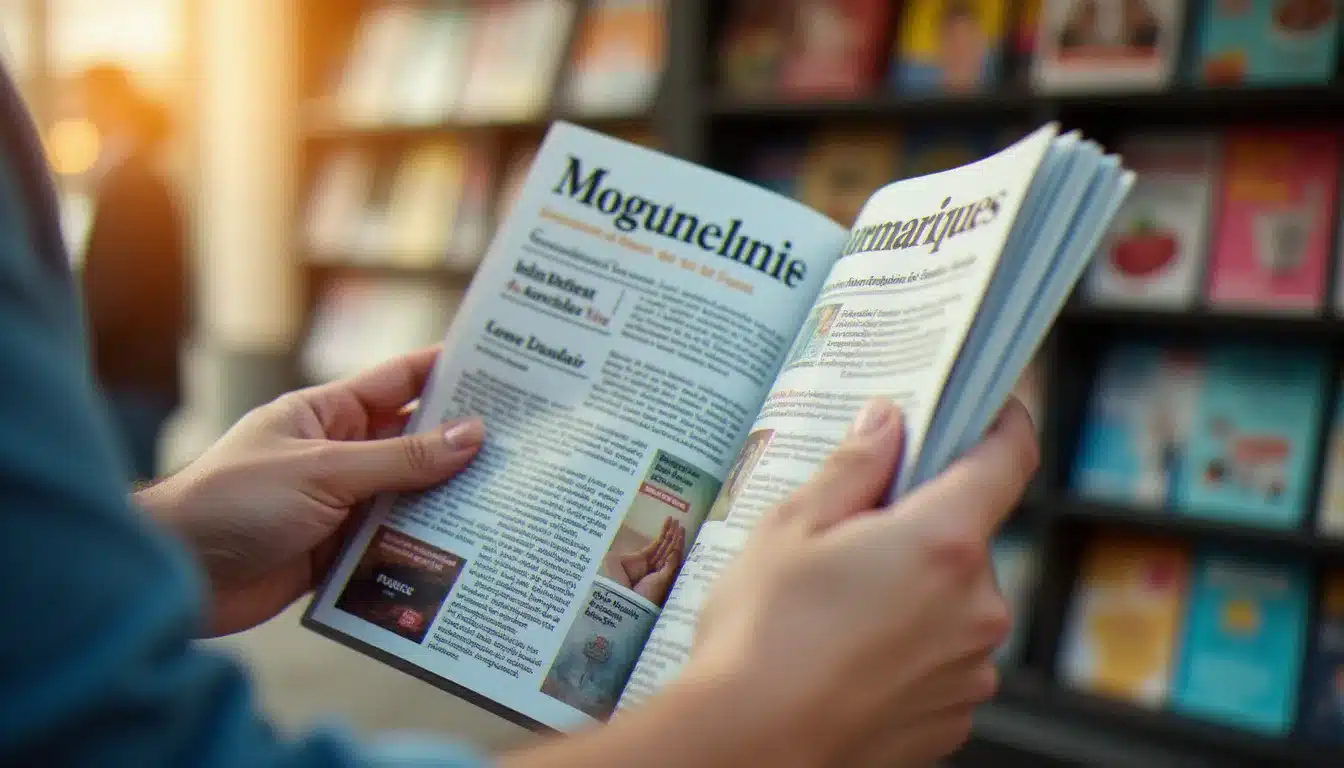 Client feuilletant un magazine santé dans un kiosque à journaux français, représentant l'achat au numéro d'un magazine comme Santé Magazine en 2025