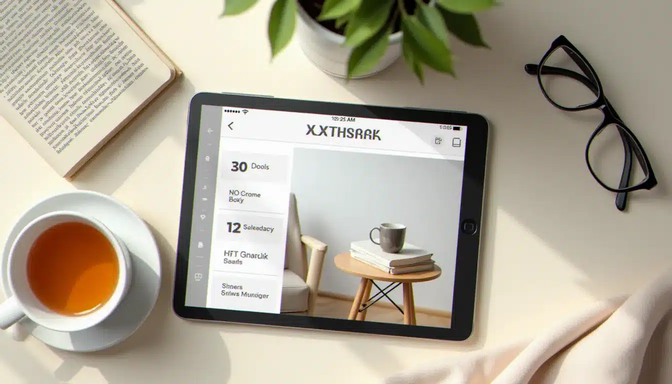 Tablette numérique affichant une interface d'abonnement à un magazine santé numérique, posée sur une table en bois avec une tasse de tisane, illustrant les options d'abonnement numérique à Santé Magazine en 2025