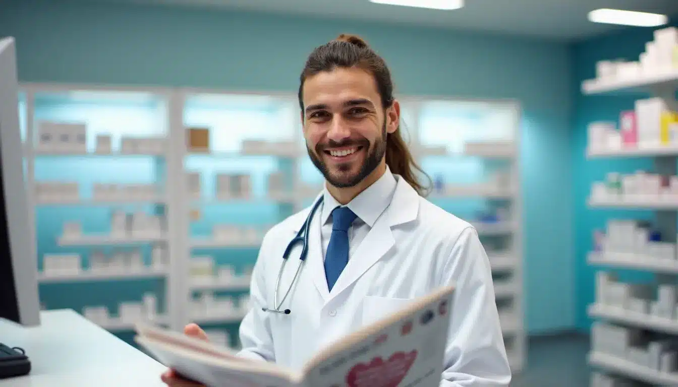 Pharmacien tenant un magazine santé ouvert au comptoir d'une officine, illustrant le lien entre presse santé et conseils officinaux — prix Santé Magazine 2025