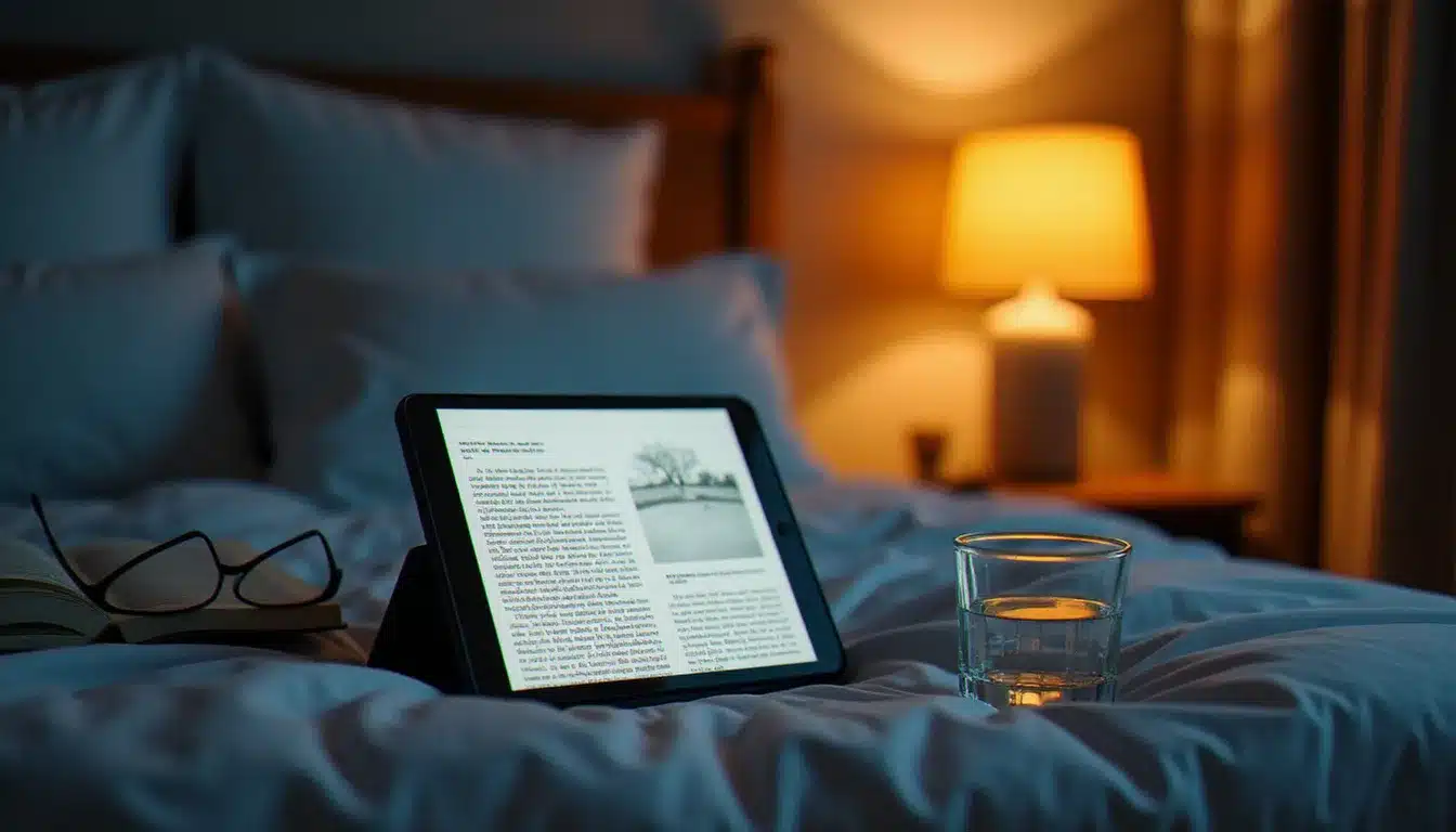Tablette affichant un magazine santé numérique sur une table de chevet, alternative économique au prix santé magazine en version papier