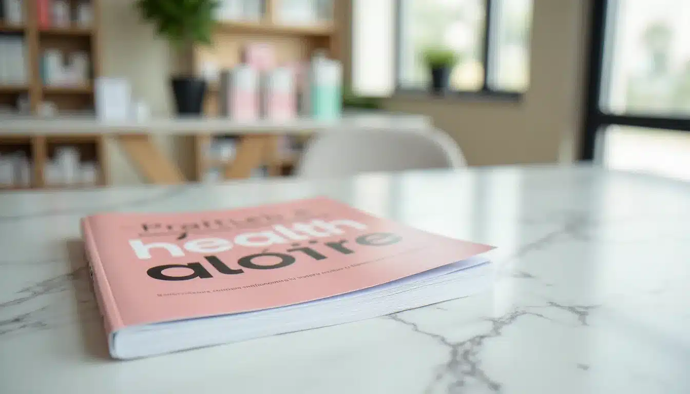 Magazine santé posé sur un comptoir de pharmacie, illustrant le prix santé magazine et les différentes formules disponibles