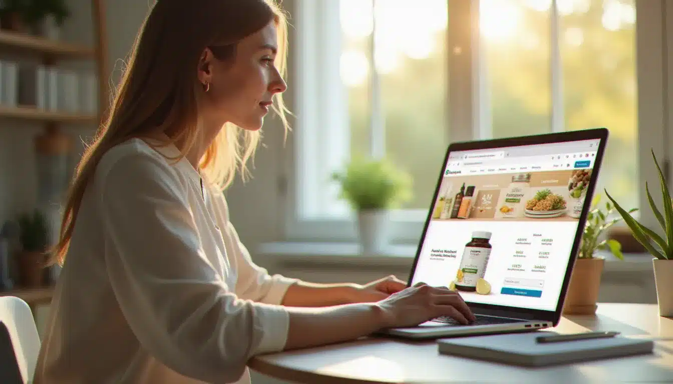 Femme utilisant un code promo sur un site de vente de compléments alimentaires bio en ligne depuis son ordinateur portable