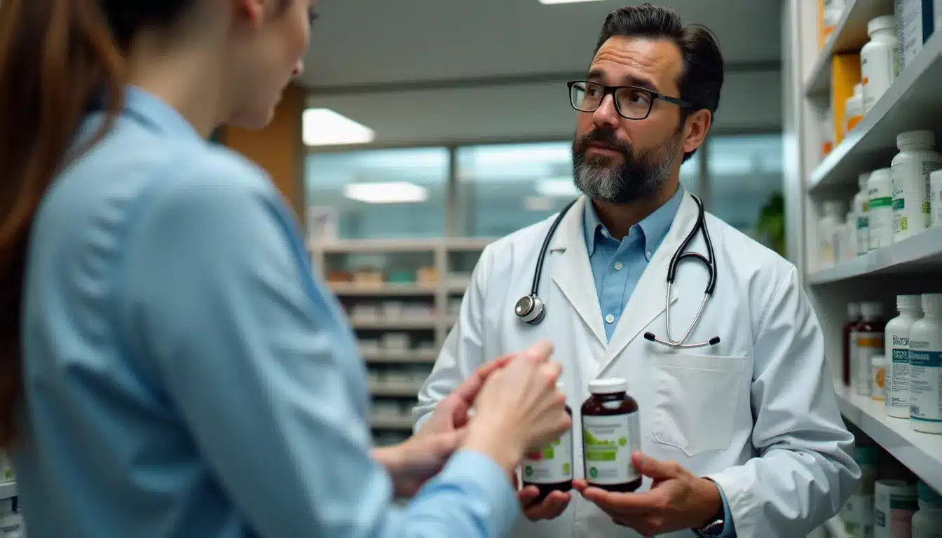 Pharmacienne en blouse blanche présentant des compléments alimentaires bio certifiés à une cliente dans une pharmacie moderne lumineuse