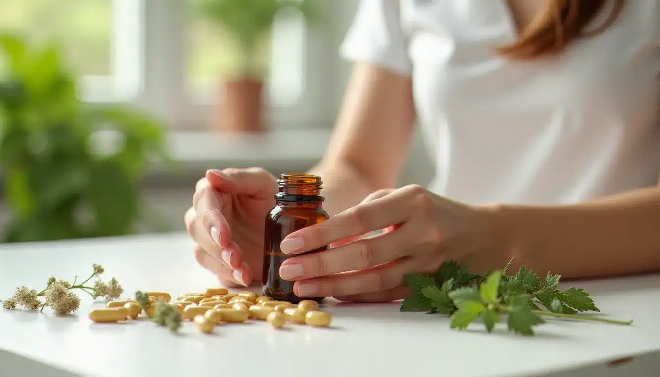 Flacon de compléments alimentaires bio Santé Bio Europe posé sur une table en bois blanc entouré de plantes médicinales fraîches, illustrant le guide code promo santé bio europe