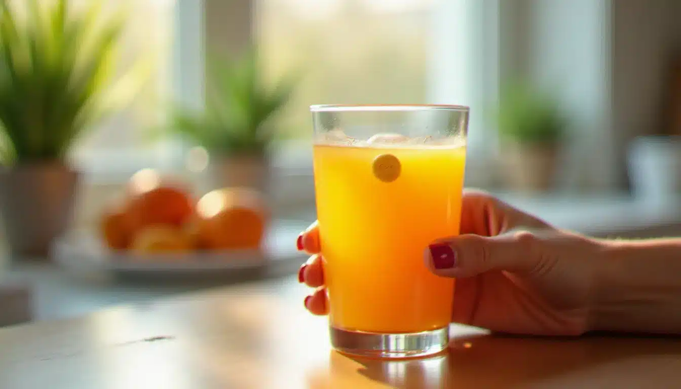Main tenant un verre de jus d'orange frais avec un comprimé de vitamine C en train de se dissoudre, dans une cuisine lumineuse le matin