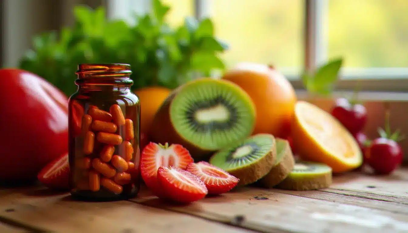 Fruits et légumes biologiques riches en vitamine C disposés sur une table en bois — poivron rouge, kiwi, fraises, acérola et orange — avec un flacon de compléments alimentaires, illustrant la santé bio vitamine C au naturel