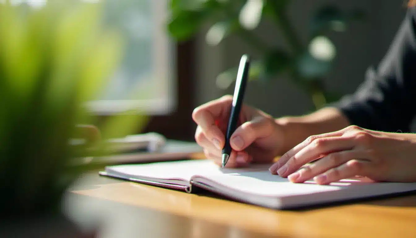 Personne tenant un journal émotionnel pour noter ses ressentis, geste thérapeutique simple pour surveiller les signaux d'alerte de la santé mentale