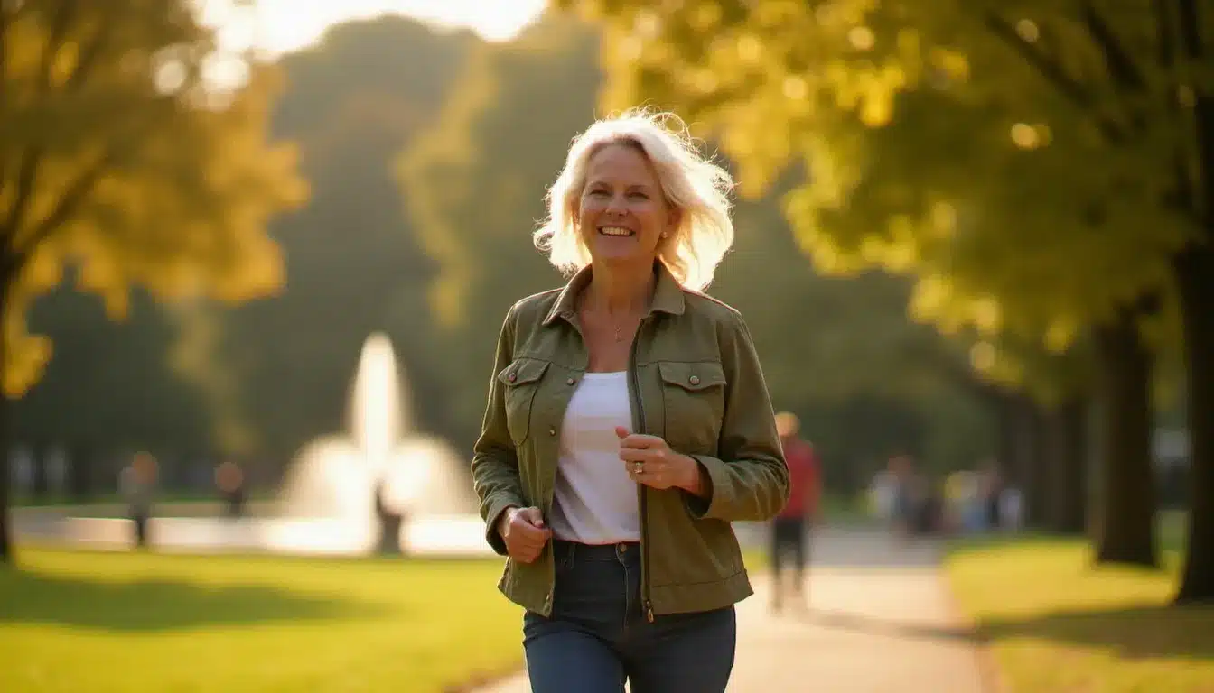 Femme marchant dans un parc lors d'une promenade quotidienne, activité physique bénéfique pour la santé mentale et l'équilibre psychologique