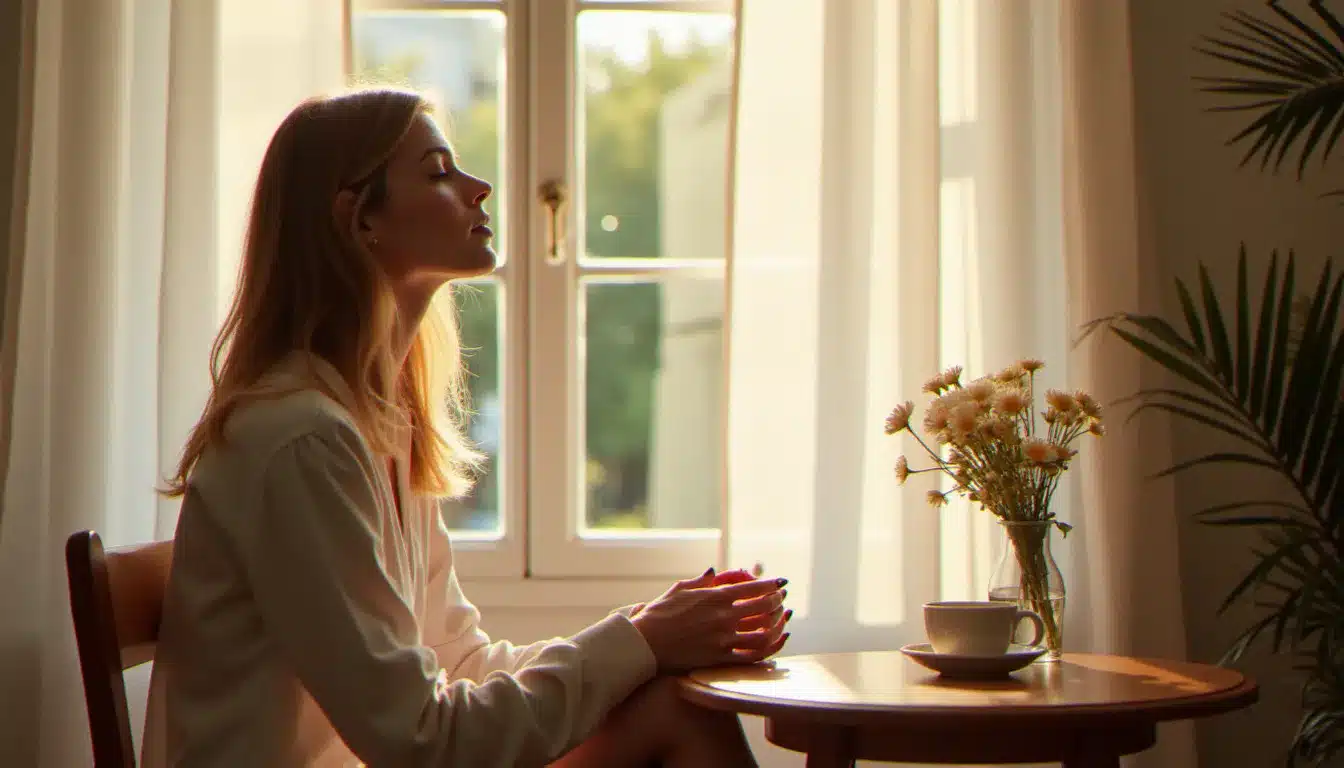 Femme prenant soin de sa santé mentale en méditant au calme près d'une fenêtre ensoleillée, tasse de tisane sur la table