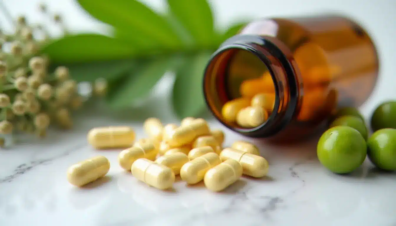 Gélules et comprimés de compléments alimentaires naturels avec feuilles de ginkgo biloba et baies de saw palmetto sur marbre blanc