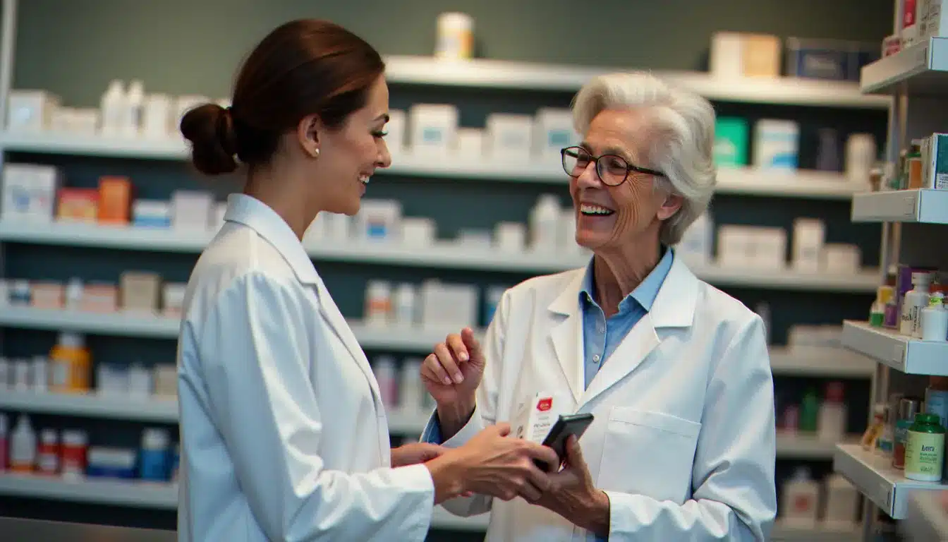 Pharmacienne en blouse blanche conseillant une patiente senior sur le choix d'un complément alimentaire de santé naturelle en officine