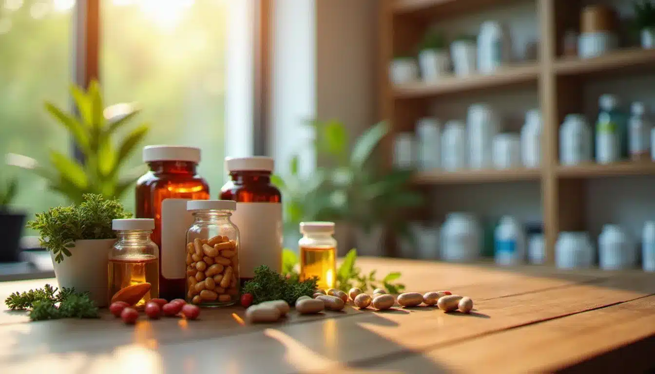 Flacons de compléments alimentaires naturels incluant des produits de santé naturelle AG disposés sur une table en bois avec des plantes médicinales