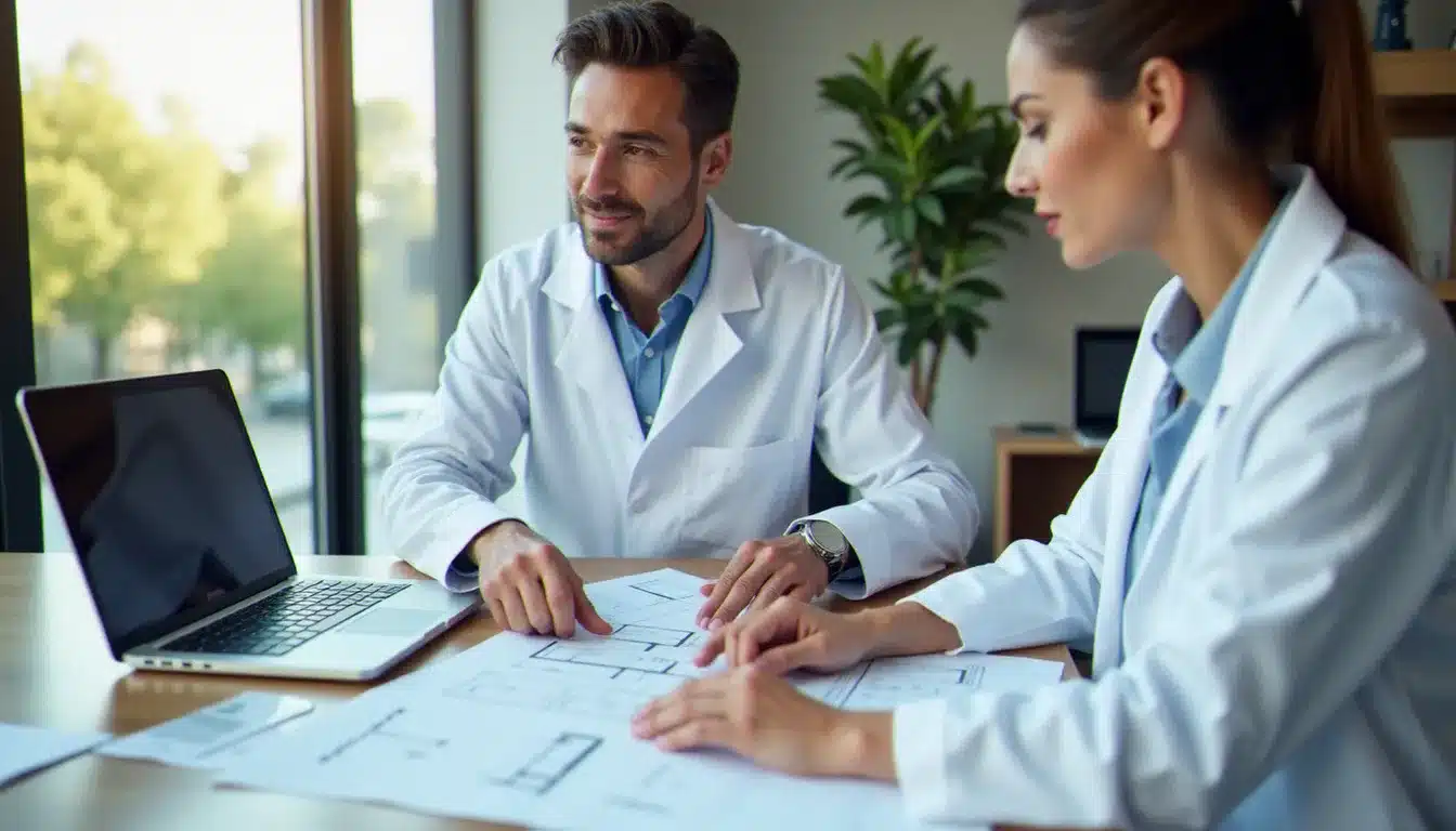 Un pharmacien et un agent immobilier spécialisé santé examinent des plans d'aménagement d'une officine, représentant le calcul du prix au m2 d'un espace de santé