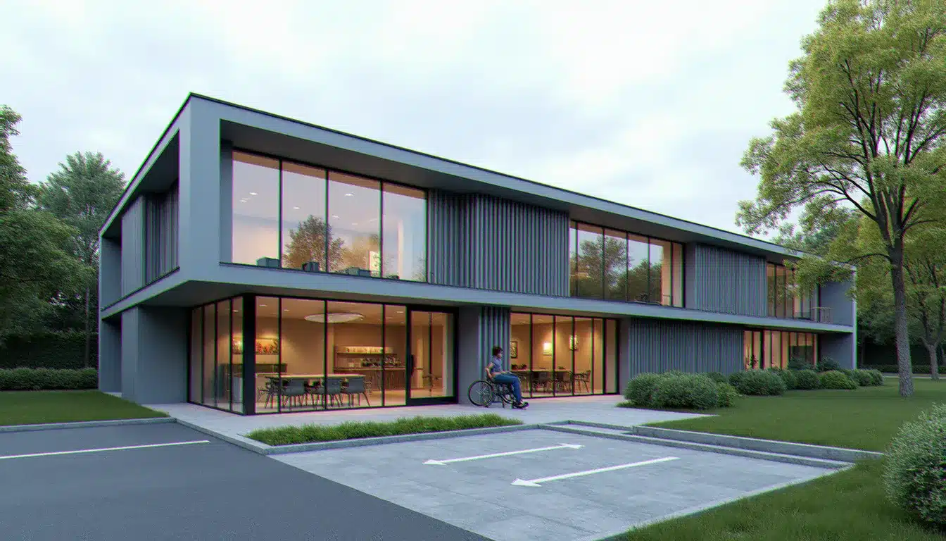 Bâtiment moderne d'une maison de santé pluriprofessionnelle en France, illustrant le modèle immobilier collectif comme alternative aux santés prix m2 individuels élevés