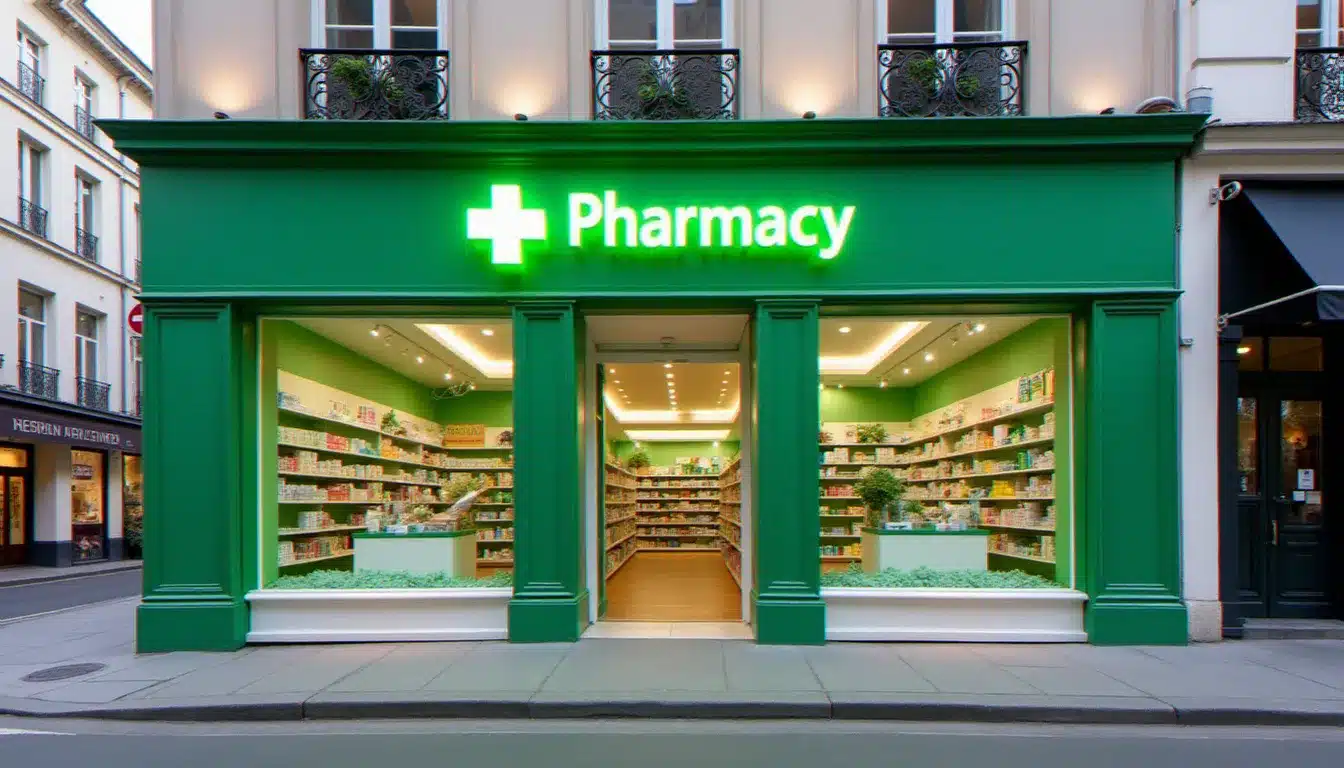Façade moderne d'une officine pharmaceutique française avec croix verte lumineuse, illustrant les espaces de santé et les santés prix m2