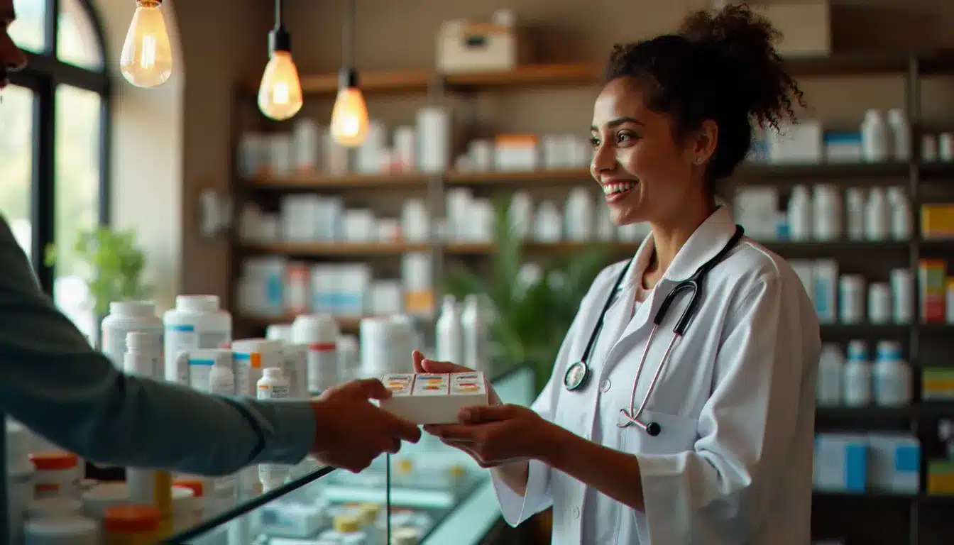 Pharmacienne tunisienne remettant des médicaments à un patient au comptoir d'une officine de Tunis