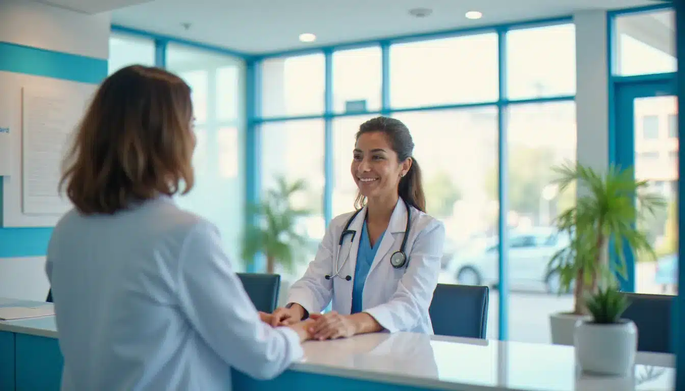 Accueil d'une clinique privée tunisienne avec une patiente francophone, illustrant les soins et prix de santé en Tunisie