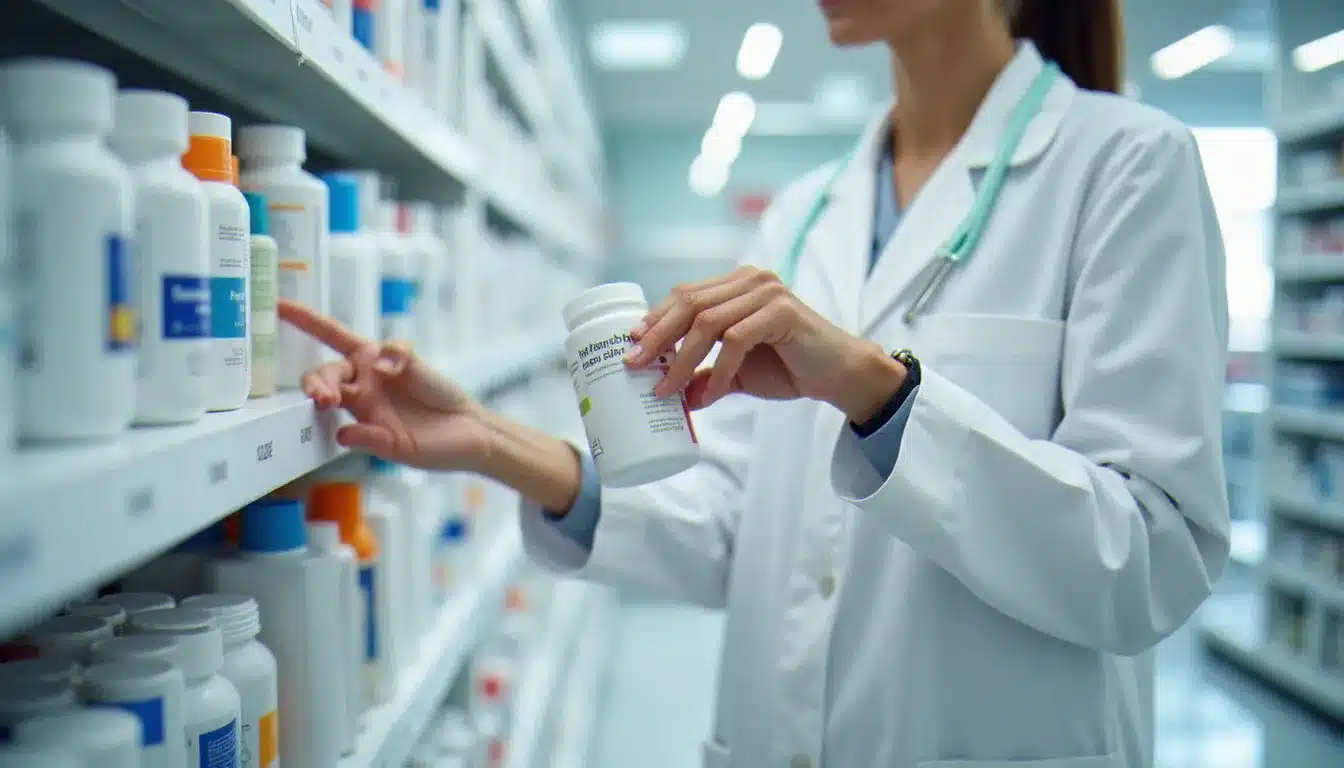 Pharmacien arrangeant des produits avec étiquettes de prix sur les rayons d'une officine moderne, illustrant la politique de prix d'achat en pharmacie