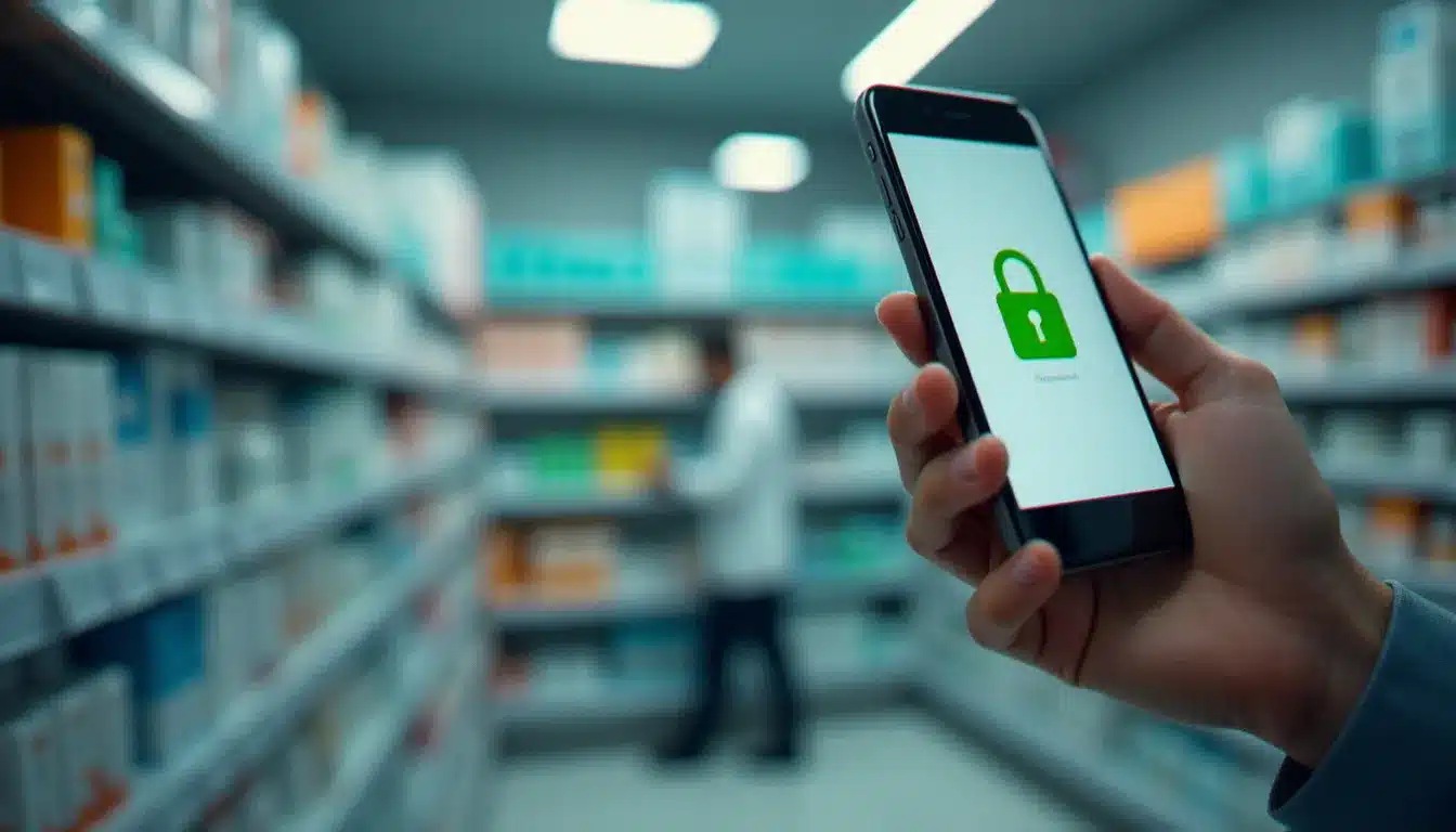 Personne vérifiant la sécurité d'un site internet de pharmacie agréé sur smartphone avant de finaliser un achat en ligne de produits de santé