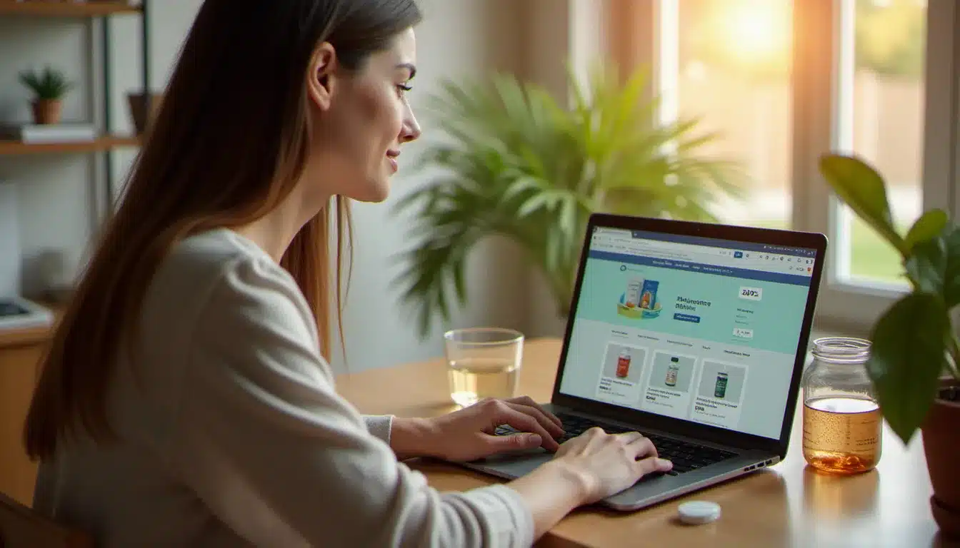 Femme consultant un site internet de pharmacie sur son ordinateur portable pour comparer les prix avant un achat de médicaments et produits de parapharmacie